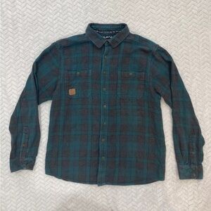 Kavu Men's Plaid Button Up Flannel in Teal and Dark Grey Size Large